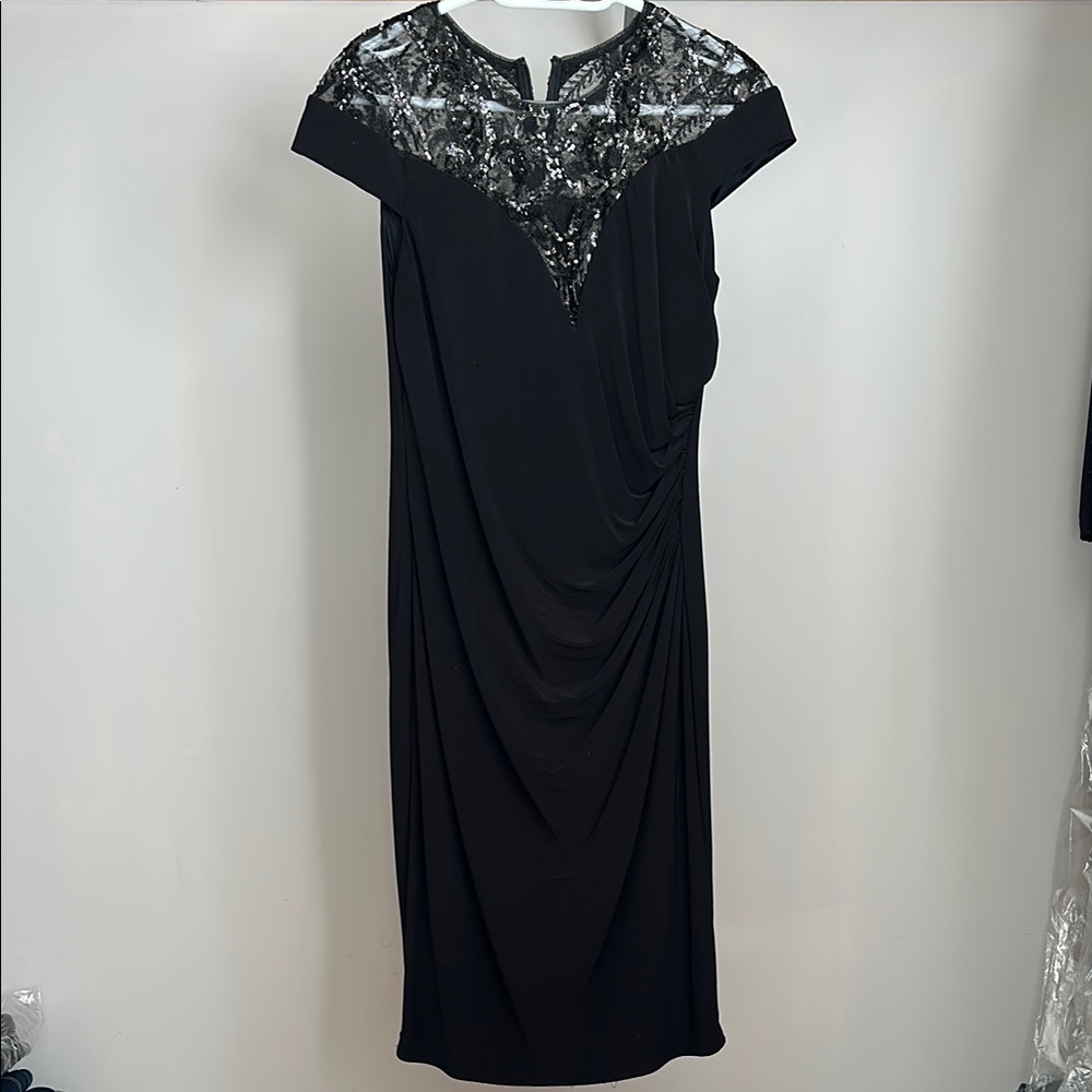 Adrianna Papell Black Sheath Midi Dress Cap Sleeve